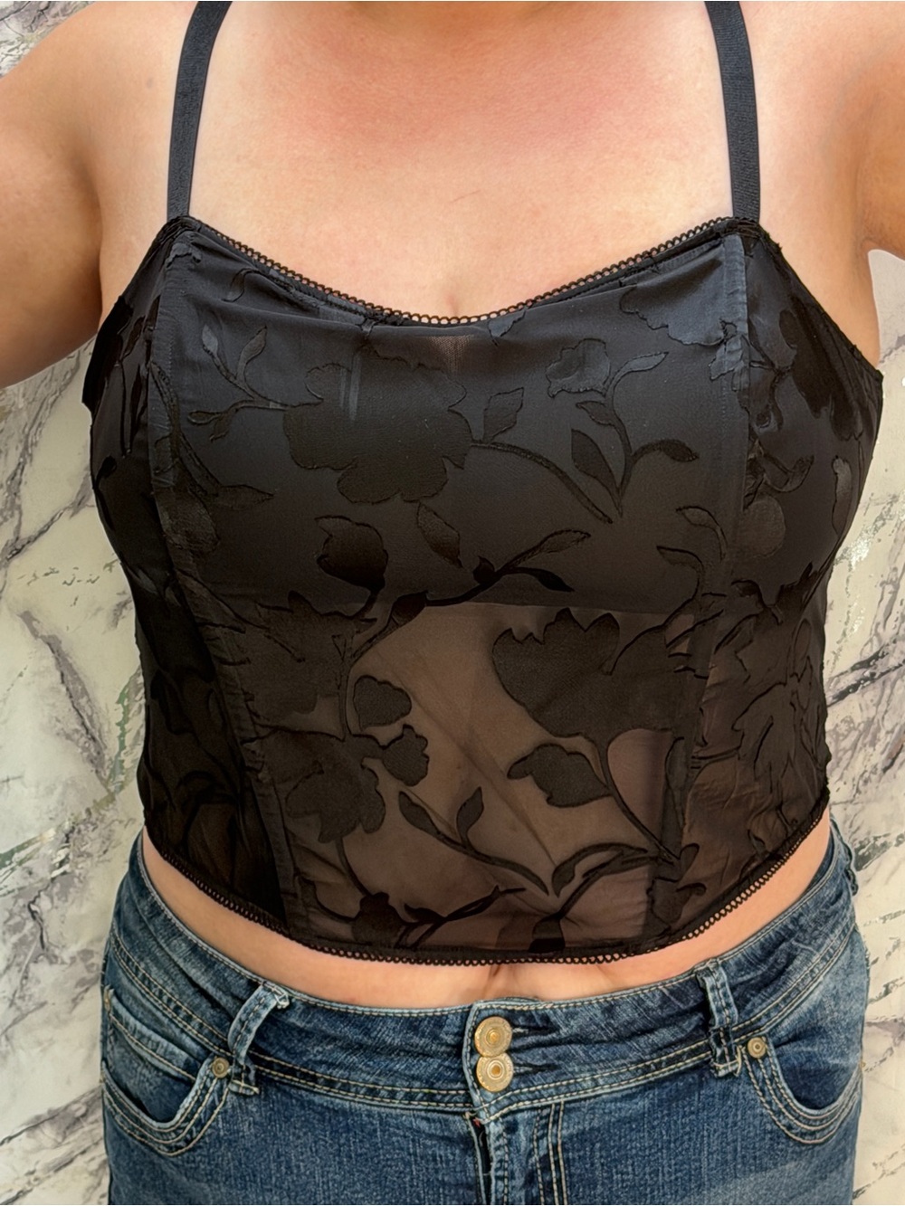 NWT: Sheer Floral Longline Bustier Corset - Black